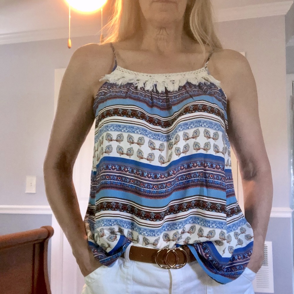 “Umgee" blue boho stripe spaghetti strap tank w/fringe tassel neckline -size L